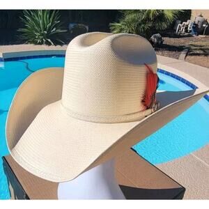 Vintage Stetson 15X Straw Cowboy Hat Sz 7 Mint w/ Box & Feathers USA